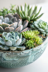 Selection of succulent flowers in ceramic bowls