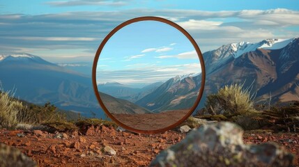 Round mirror on a mountain. Reflection of nature