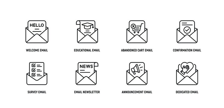 Email Marketing Line Icon Set: Welcome, Educational, Abandoned, Cart, Confirmation, Strategy. Editable Stroke.