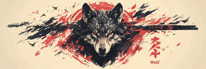 A banner featuring a flat, stylized, and abstract representation of a wolf head in graphic design - obrazy, fototapety, plakaty
