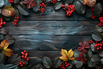 Autumn  herbs, leaves, berries on a dark wooden old textured background, a botanical Fall banner. Top view, close-up, place for text