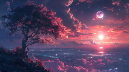 Surreal landscape with a solitary tree against a vibrant pink sky and moon.