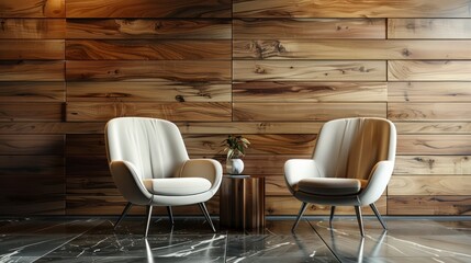 Design Synergy - Crafting an Inviting Atmosphere with Textured Wooden Walls and Marble Floors for Modern Chair Displays