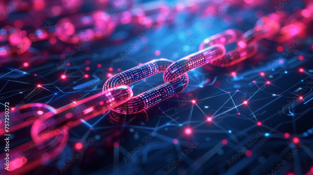 Poster vivid depiction of blockchain technology with glowing connections in a digital network, emphasizing 