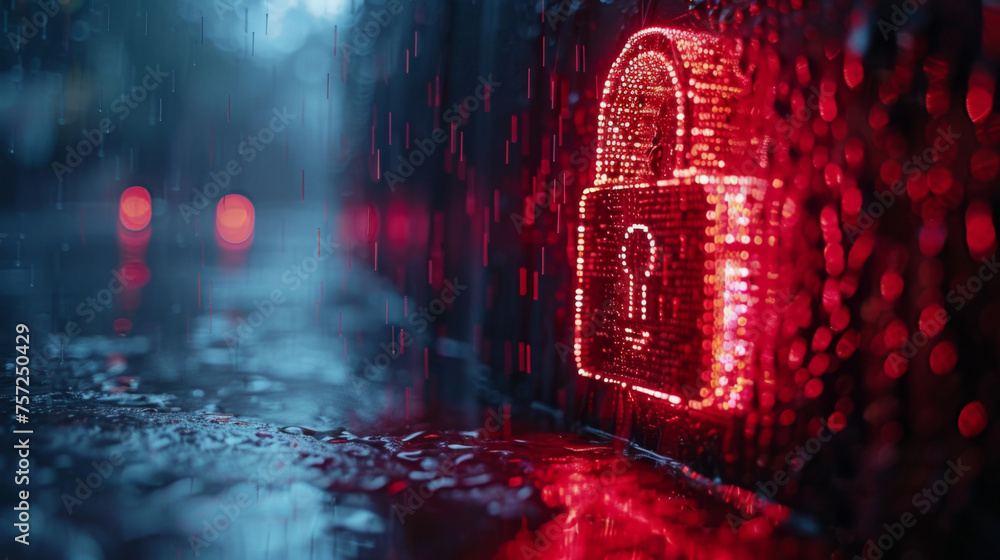 Poster red digital padlock icon displayed in a rainy urban setting, symbolizing cybersecurity and data prot