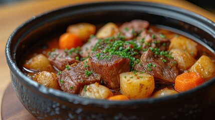 hot potatoes with meat in a pot