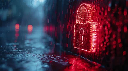 Foto op Plexiglas Red digital padlock icon displayed in a rainy urban setting, symbolizing cybersecurity and data protection in the digital age. © khonkangrua