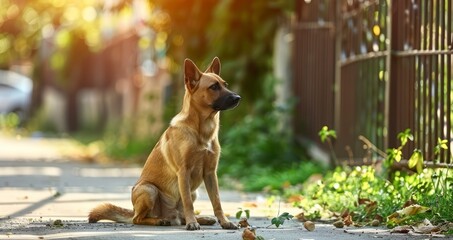 The dog is waiting for someone in the day is sunny day