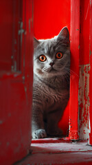 Adorable silver British short hair kitten peaking around the corner with abstract red background. - 757250675