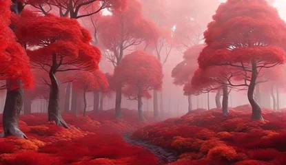  Fantasy red forest with fog and red trees. Autumn concept. 3D Rendering © pit