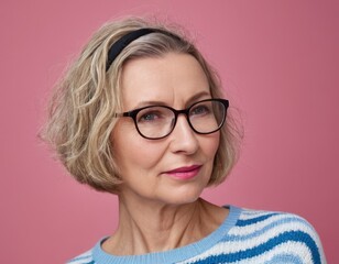 A woman with glasses posing over pink background. She is smiling and looking at the camera