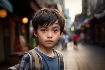 Boy Asian Chinese in his teens or young talking head shoulders shot bokeh out of focus background on a cosmopolitan western street vox pop website review or questionnaire candid photo