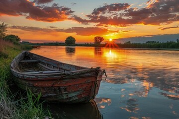 Old wooden boat anchored on the bank of a river, sunset in the background.