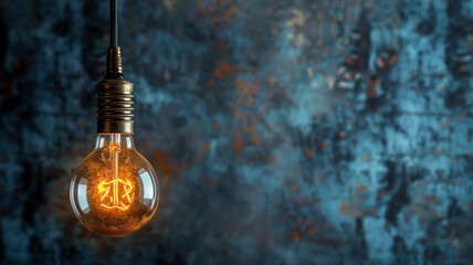 A vintage light bulb hanging from a ceiling, glowing warmly against a cool, grey background with copy space - obrazy, fototapety, plakaty