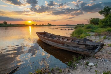 Obraz premium Old wooden boat anchored on the bank of a river, sunset in the background.