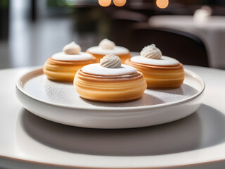 dessert with cream, a piece of cake pastry on white ceramic plate and cup of coffee on table 