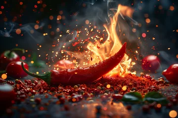 Rolgordijnen Fresh red chili pepper on fire. The concept of spicy food and spices © Anna