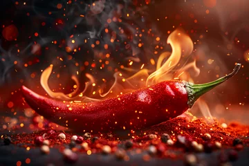 Keuken spatwand met foto Fresh red chili pepper on fire. The concept of spicy food and spices © Anna
