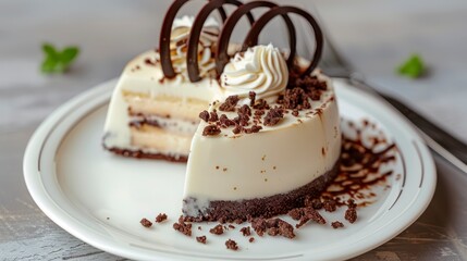 Vanilla Mousse Cake, Sliced and Topped with a Chocolate Spiral and Dreamy White Icing