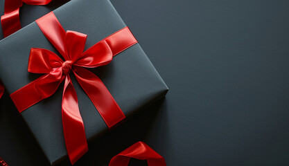 Close up black gift on black background with copyspace. Valentine's day, black friday, romance, love, wedding anniversary concept	

