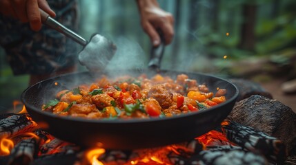 frying pan with meat stew on fire - obrazy, fototapety, plakaty