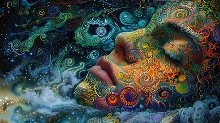Lucid Dreaming Dreamers consciously navigating through vivid and controllable dream worlds in style unique and modern folk art