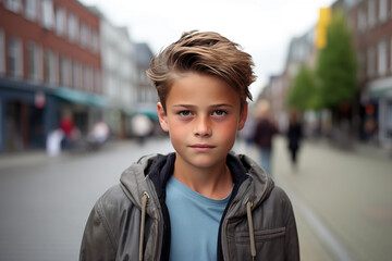 Boy White Scandinavianin his teens or young talking head shoulders shot bokeh out of focus background on a cosmopolitan western street vox pop website review or questionnaire candid photo