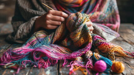 close up of knitting a vibrant, multicolored scarf, with balls of wool and knitting needles spread out on a rustic wooden table - obrazy, fototapety, plakaty