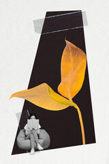 Creative vertical collage picture sitting young woman pouf hide face book reader peek look leaf...