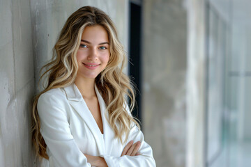 
Confident young businesswoman in a luxurious white suit with a beaming smile, embodying elegance and professionalism. Perfect for corporate and modern lifestyle themes. Generative AI