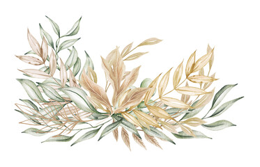 Watercolor floral illustration - green and gold leaf wreath, for wedding stationary, greetings, wallpapers, fashion, background. Eucalyptus, olive, green leaves.