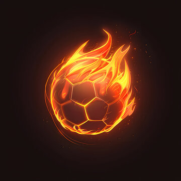 image of a flying soccer ball on fire, soccer ball on fire on a dark background