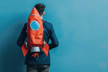 Businessman with rocket on his back, business and startup concept. - obrazy, fototapety, plakaty