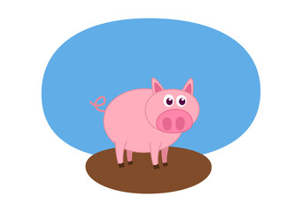 Young pig in profile in muddy meadow with blue sky - vector