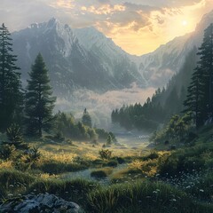 a landscape with mountains and trees - obrazy, fototapety, plakaty