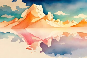 orange pink blue watercolor landscape painting. ai generated