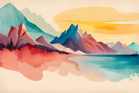 Pastel Watercolor Landscape. Mountains Art. Ai Generated