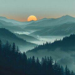 a landscape of mountains with trees and fog