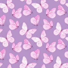 Watercolour Butterflies with pink wings illustration seamless pattern. On violet background. Hand-painted elements insect. Hand drawn delicate insects. For decoration, postcard, fabric, wrapping paper