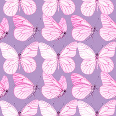 Watercolour Butterflies with pink wings illustration seamless pattern. On violet background. Hand-painted elements insect. Hand drawn delicate insects. For decoration, postcard, fabric, sketchbook