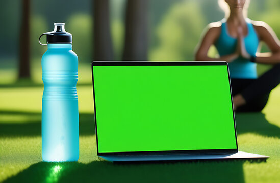 Laptop with green blank screen on grass in the park or garden, blurry girl doing yoga on background