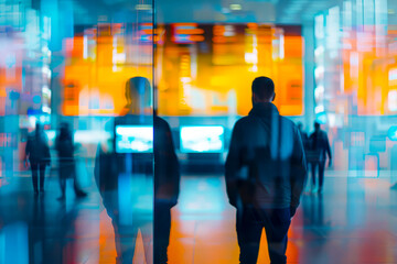 Abstract Thinkers: Blurred Men Analyzing Data on Computer Monitors