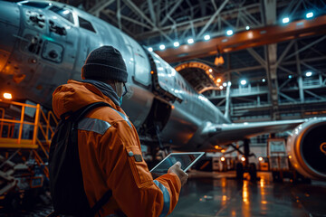 Fototapeta premium Innovative engineer managing aircraft assembly in hangar using digital tablet