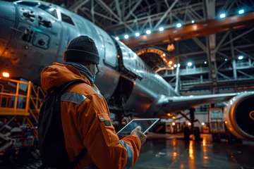 Fototapeten Innovative engineer managing aircraft assembly in hangar using digital tablet © Fernando Cortés