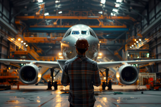 Innovative engineer managing aircraft assembly in hangar with digital device
