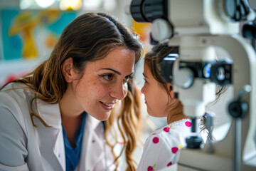 Female optometrist performs yearly vision check on preschooler - obrazy, fototapety, plakaty