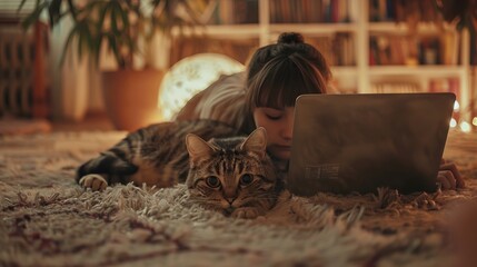 Child and Kitten Asleep on Laptop Keyboard, Innocence and companionship concept.
