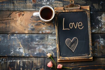 Clipboard with the word love and a mug of coffee on a wooden table.