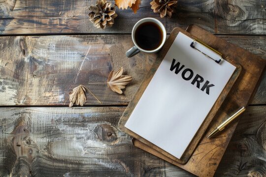 Clipboard with the word work and a mug of coffee on a wooden table.