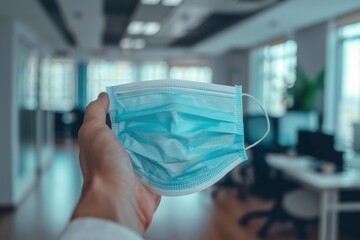 Person holding a mask, office in the background, protection concept, world health day.